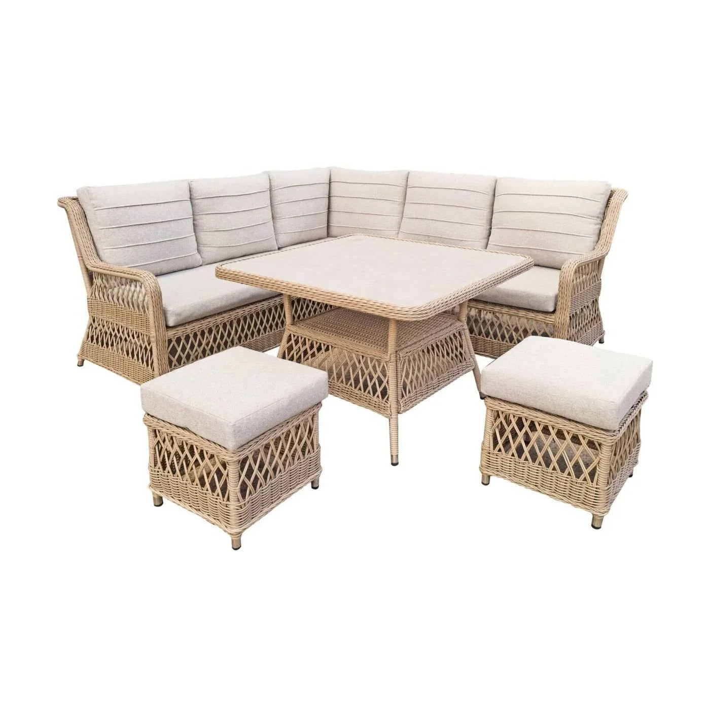 Wicker outdoor furniture set with beige cushions on a white background