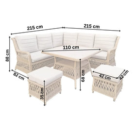 Wicker outdoor furniture set with dimensions labeled on a white background