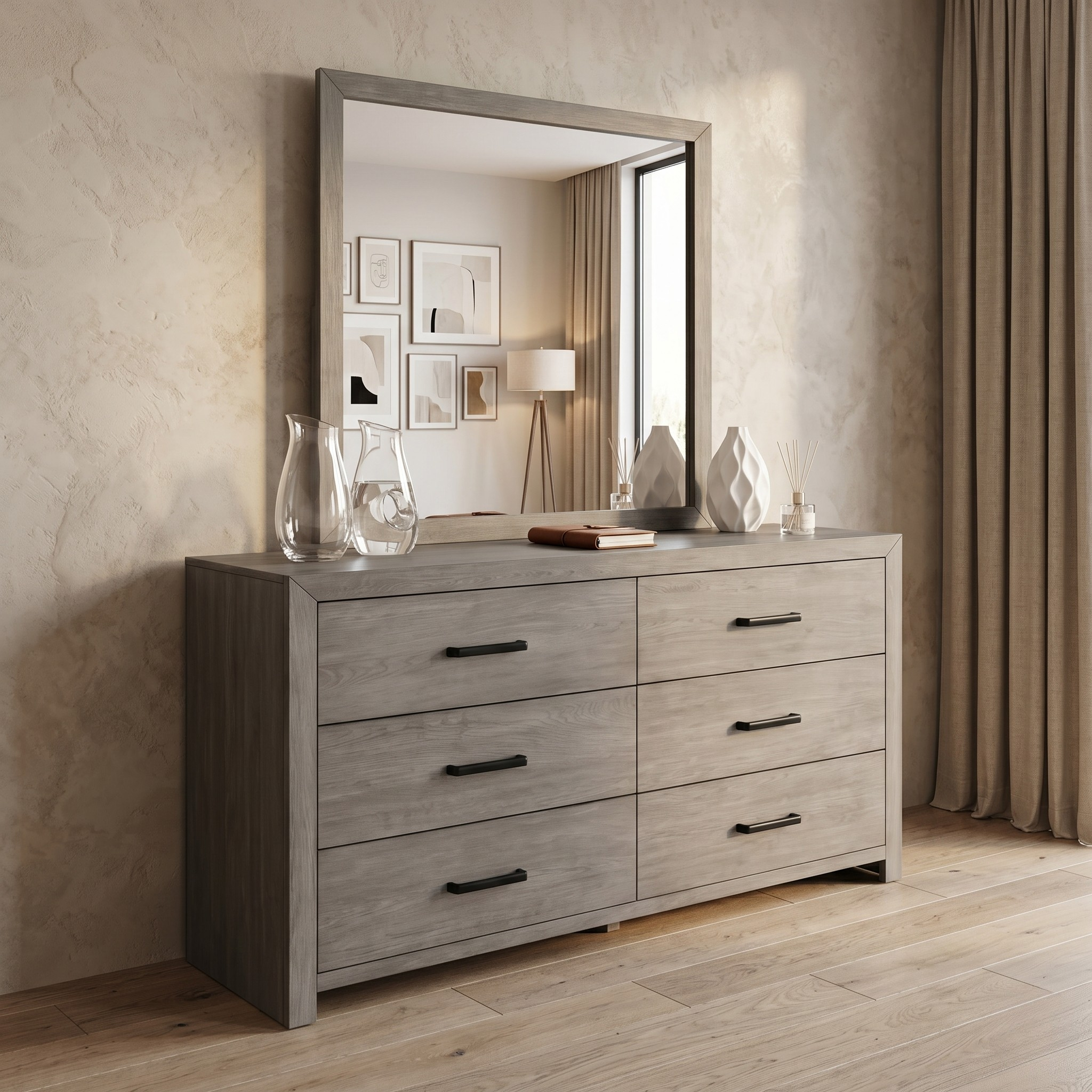 Gray dresser with large mirror in a room with light-colored walls and curtains.