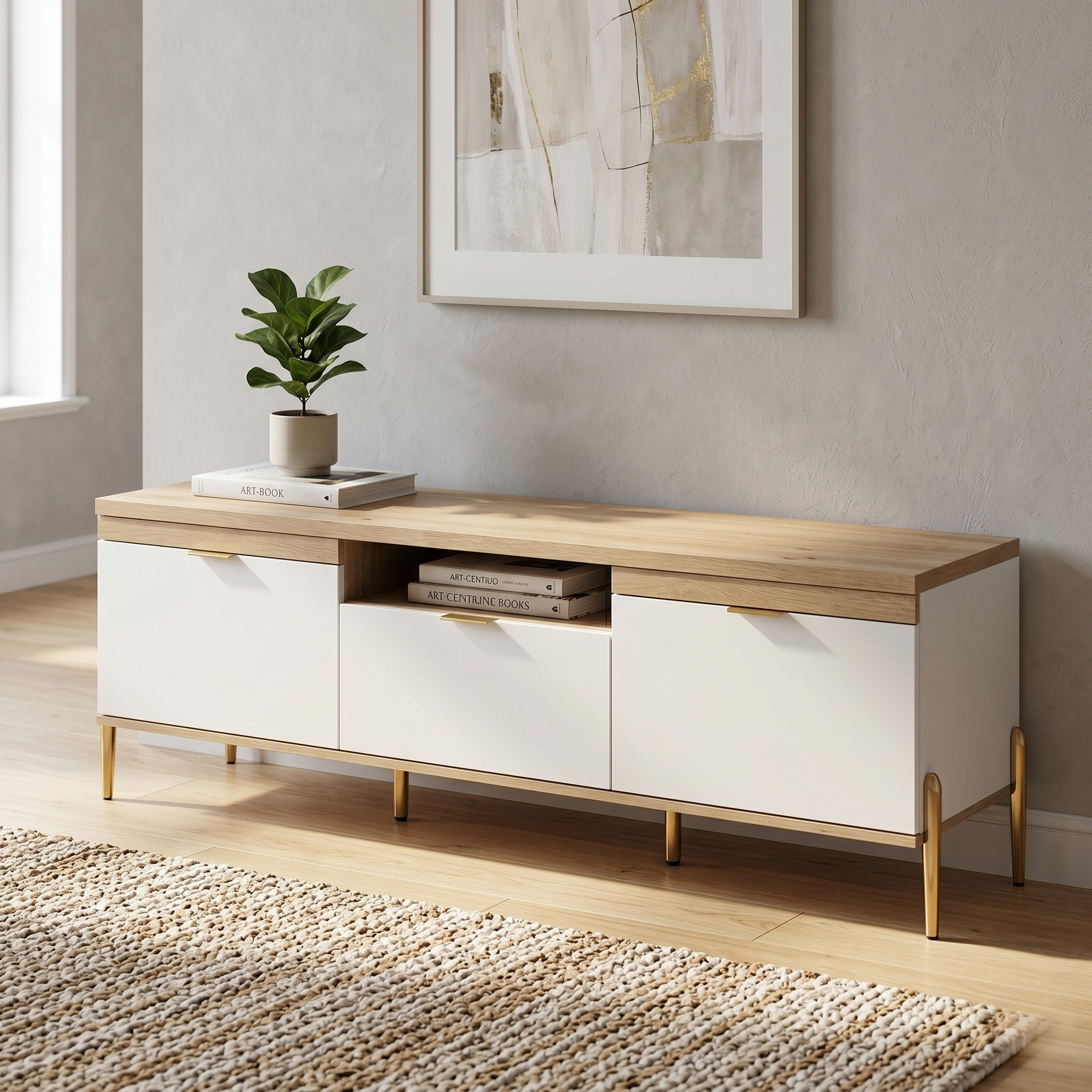Modern TV stand with wooden top and white sides in a living room setting.