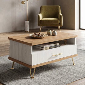Mildura Coffee Table with a light wood finish top and white base, featuring gold metal legs and a drawer, styled with decorative vases and books on a gray rug.