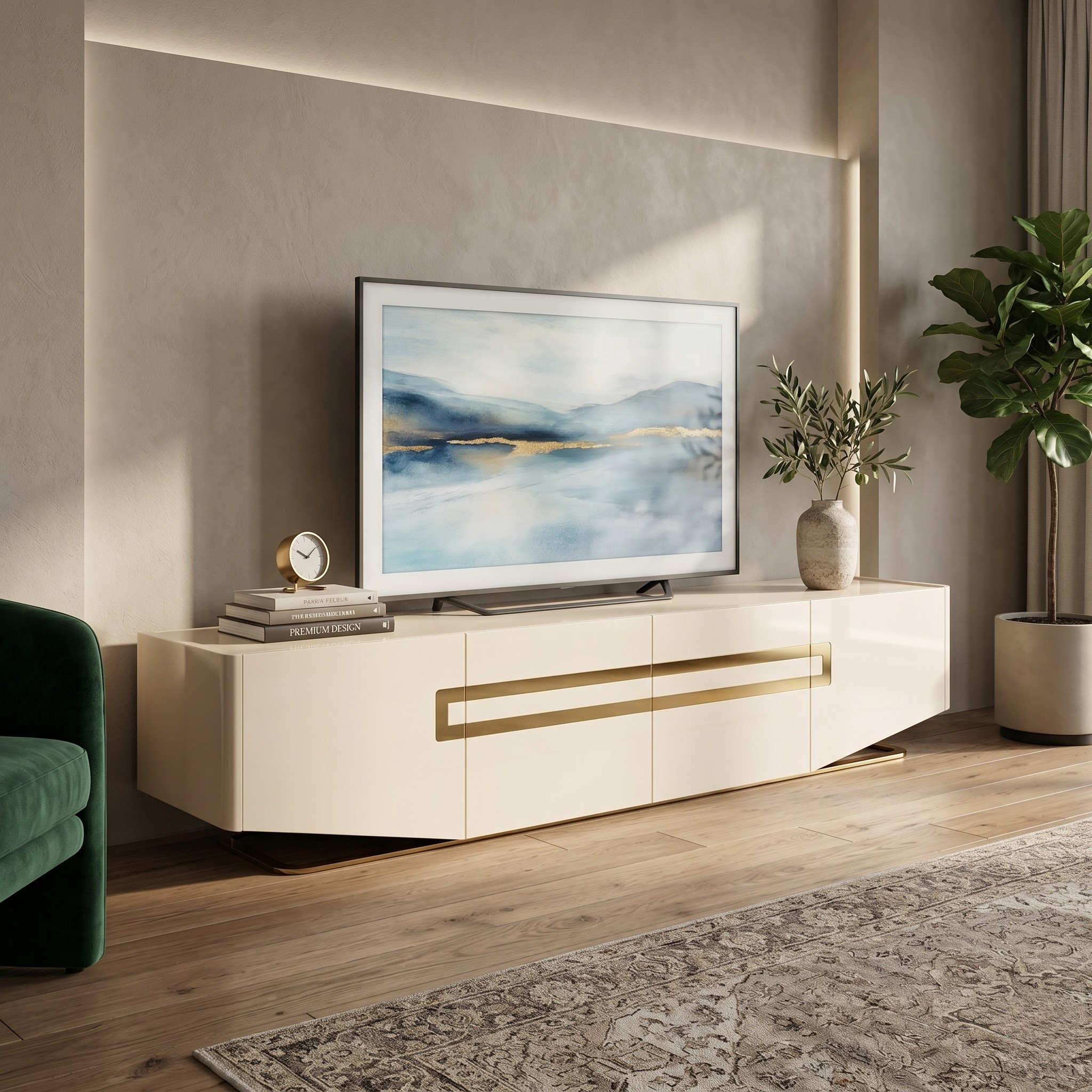 Modern living room with a television on a beige entertainment console, decorative plants, and a green armchair.