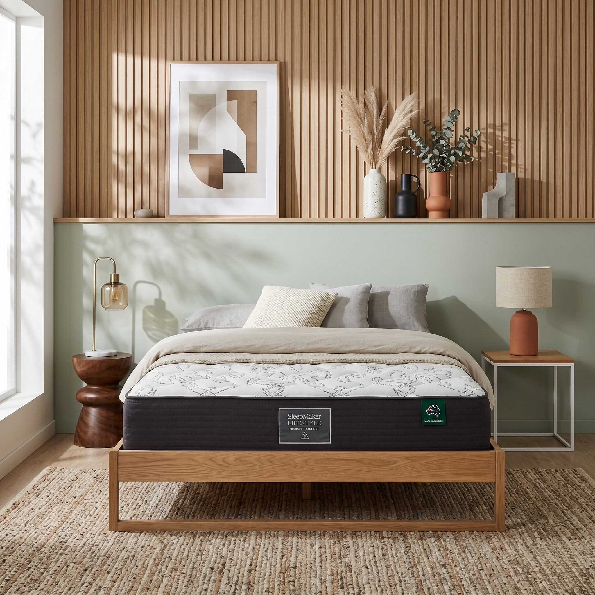 Bedroom with a wooden bed frame and mattress, decorative pillows, and a shelf with decor items.