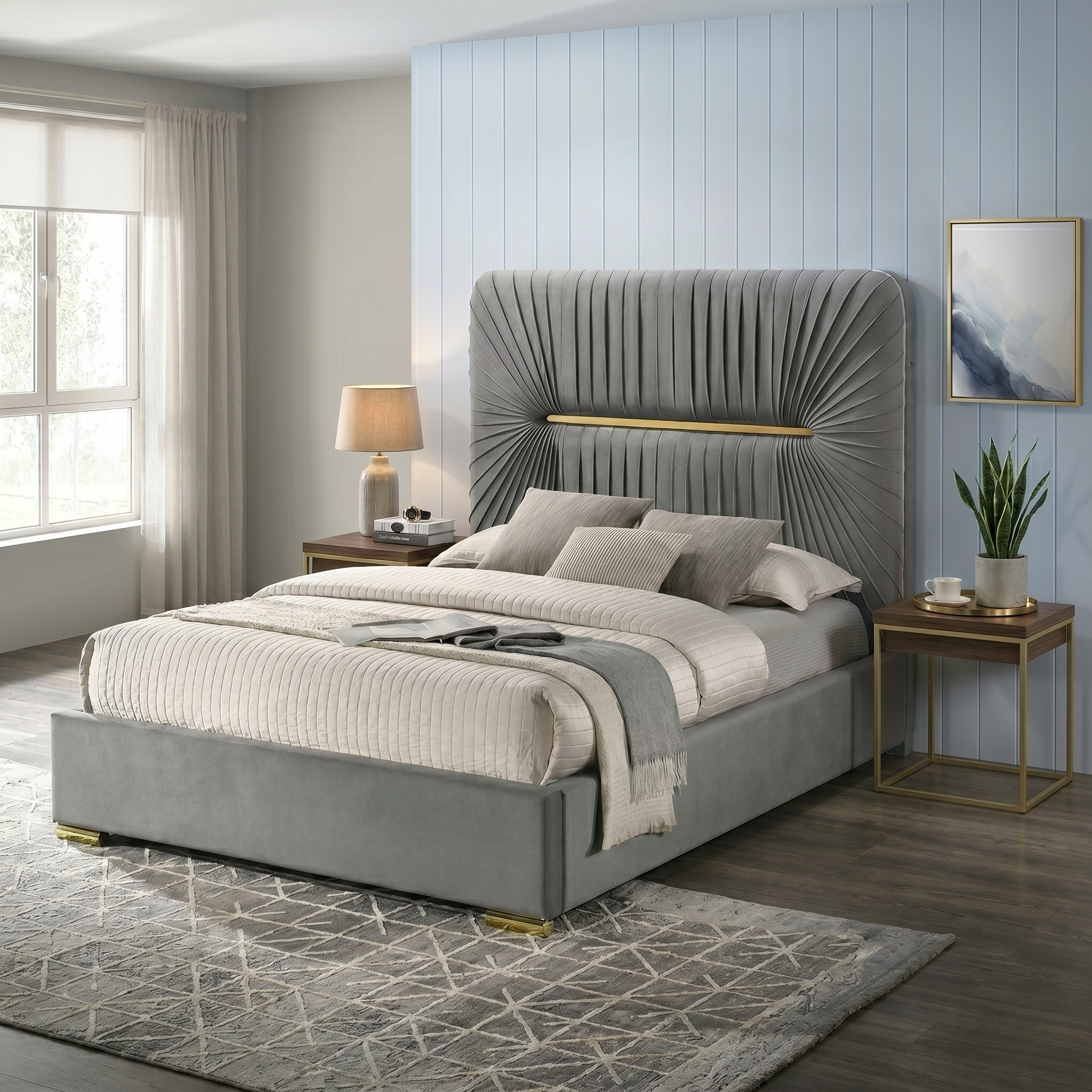 Gray upholstered bed in a modern bedroom with decorative elements.