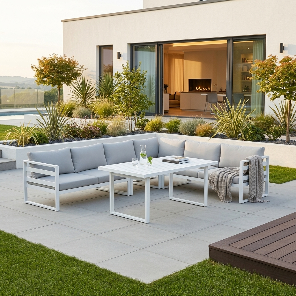 Outdoor patio with modern furniture set and garden