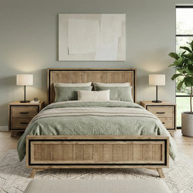 Jack 3 piece bedroom suite with natural timber-look bed and two matching bedside tables, styled with sage green linen in a calm bedroom - The A2Z Furniture