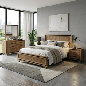 Jack 4 piece dresser bedroom suite in natural timber-look finish with bed, two bedside tables and dresser with mirror in a styled bedroom - The A2Z Furniture
