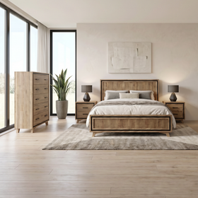 Jack 4 Piece Tallboy Bedroom Suite - light acacia timber bed frame with slatted panel headboard and black inlay, two matching two-drawer bedside tables and a five-drawer tallboy in a bright modern bedroom - The A2Z Furniture