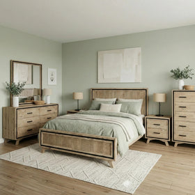 Jack 5 piece bedroom suite in natural timber-look finish with bed, two bedside tables, dresser with mirror and tallboy, styled with sage linen - The A2Z Furniture