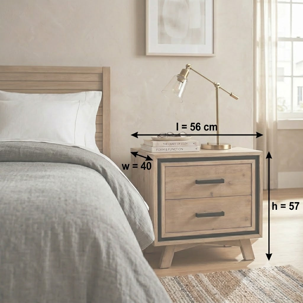 Jack Bedside Table dimension diagram showing 56cm length, 40cm width and 57cm height