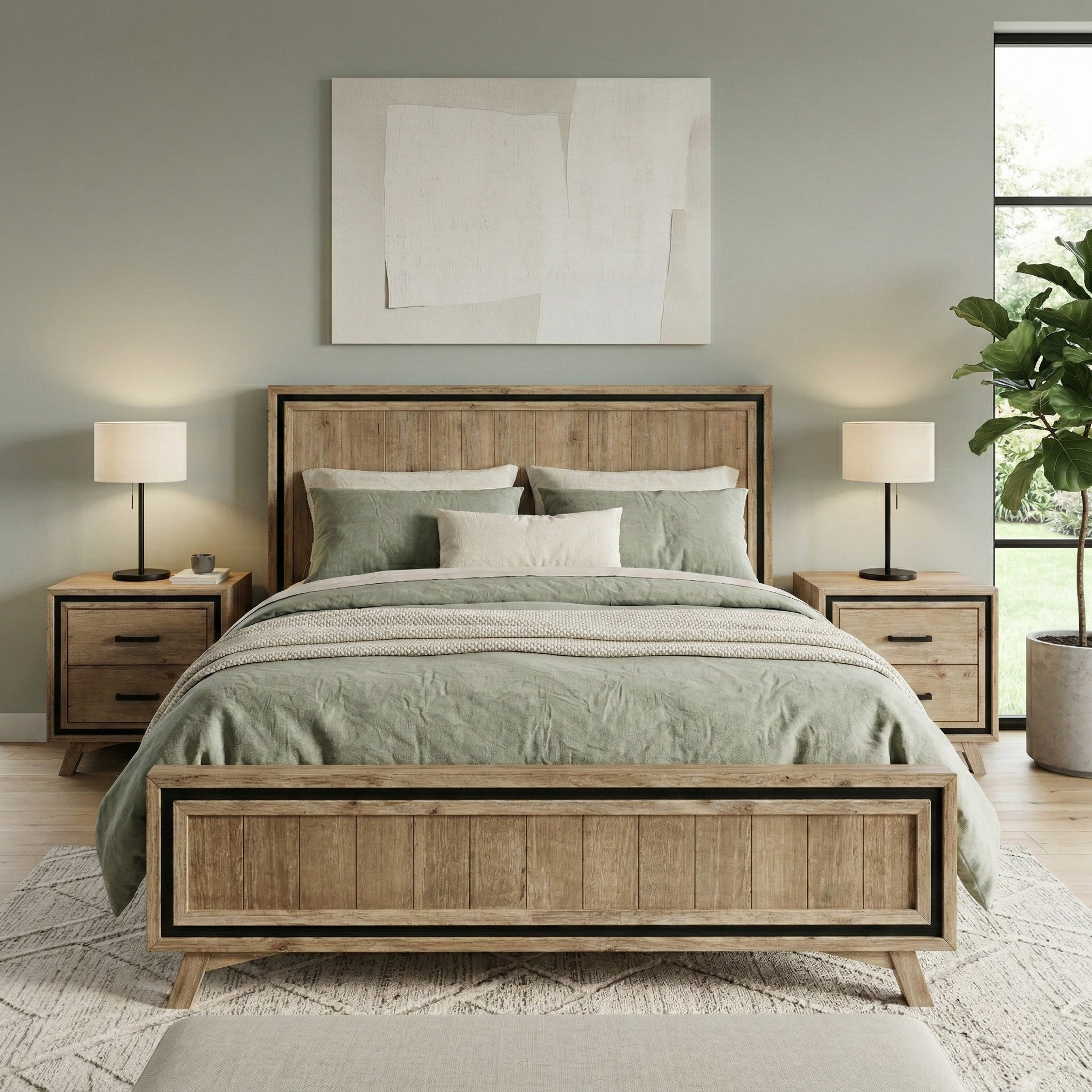 Bedroom with wooden bed, nightstands, and lamps.