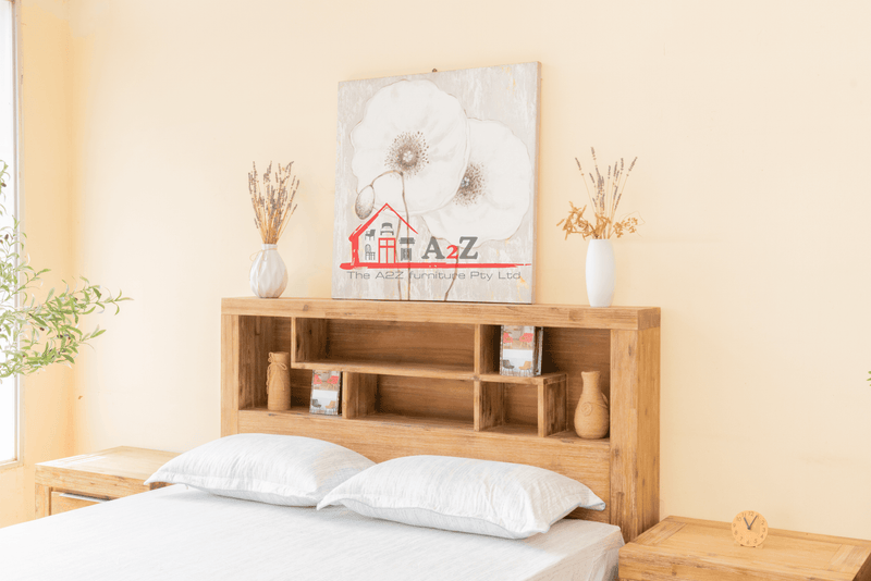 Jacob Bed Frame in solid Acacia wood with storage drawers and bookcase headboard, available in Queen and King sizes - The A2Z Furniture