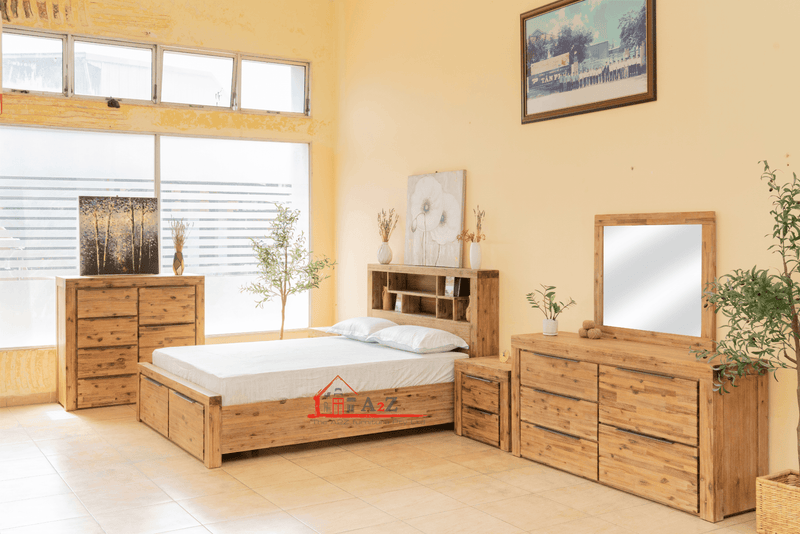 Jacob Bed Frame in solid Acacia wood with storage drawers and bookcase headboard, available in Queen and King sizes - The A2Z Furniture