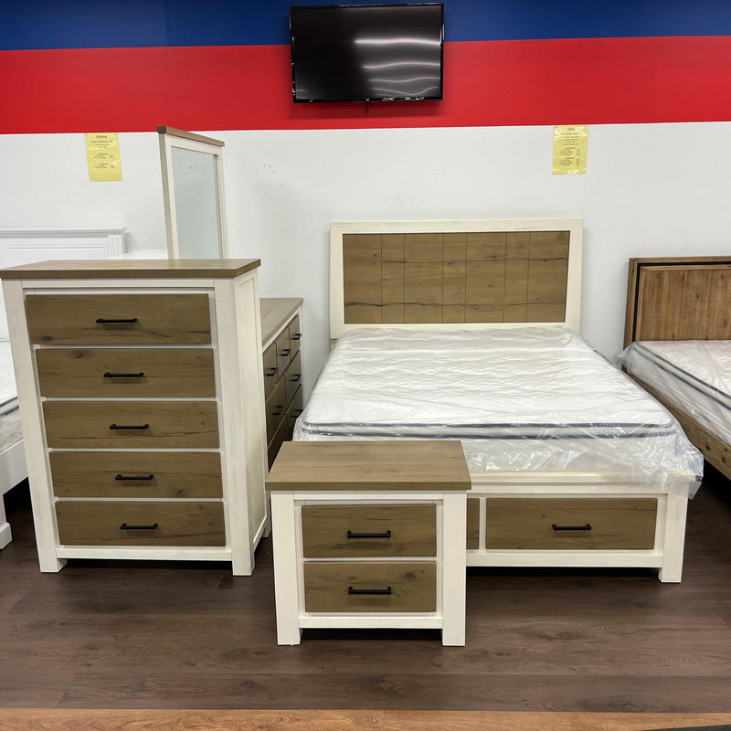 Jade Bedroom Suite - Modern timber bedroom furniture with dual-tone color scheme, solid acacia wood construction, and optional storage drawers. Available in queen and king sizes.
