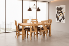 Jayden 7 Piece Dining Set — solid acacia dining table with six matching chairs in dark brown PU faux leather