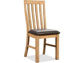 Jayden dining chair — solid acacia frame with a slatted timber backrest and dark brown PU faux leather seat