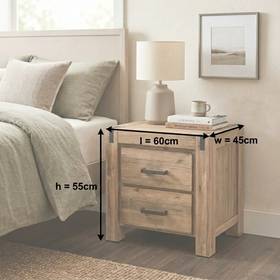 Jayden Bedside Table dimension diagram showing 60cm length, 45cm width and 55cm height