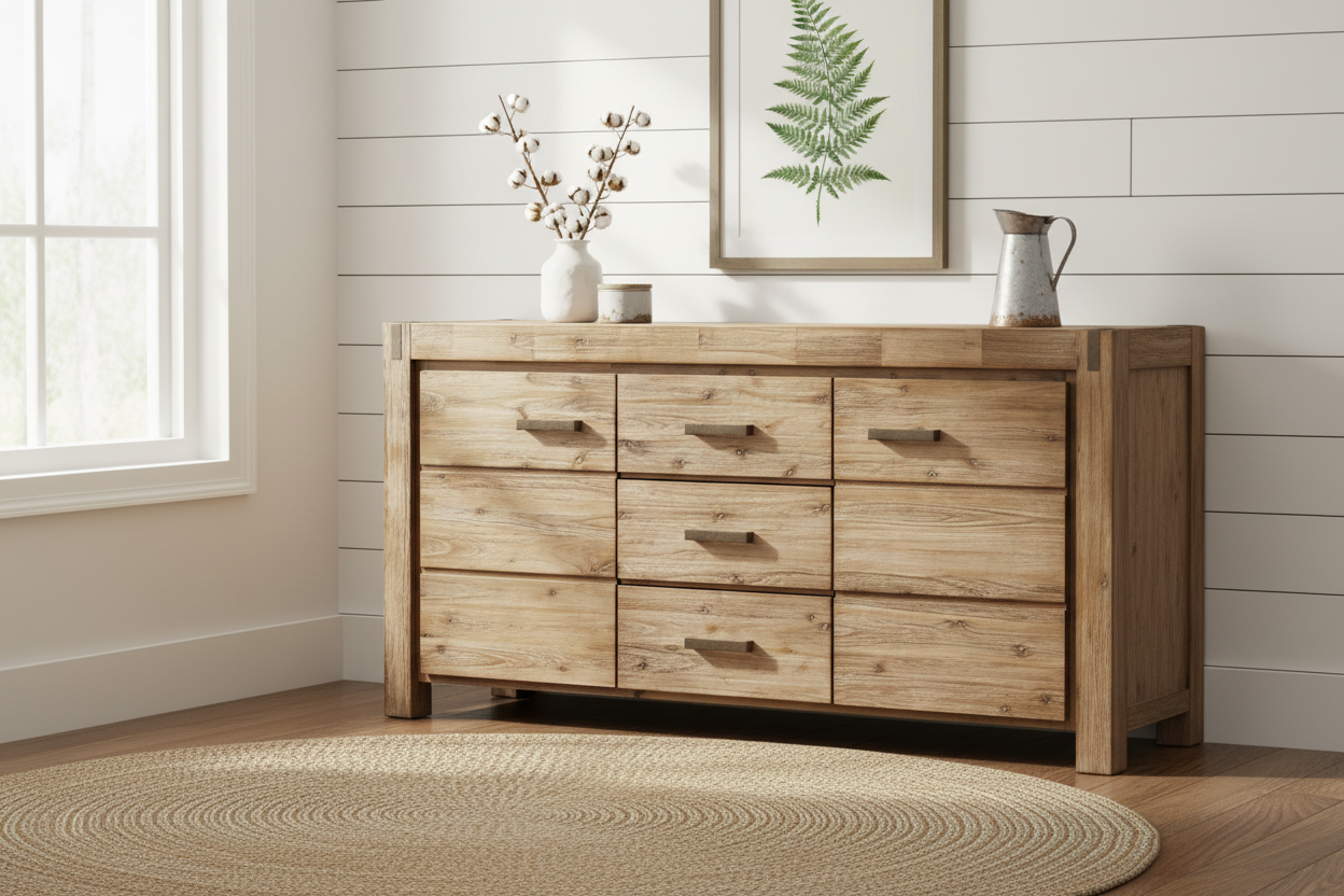 Wooden dresser with decorative items in a room with a window and framed artwork on the wall.