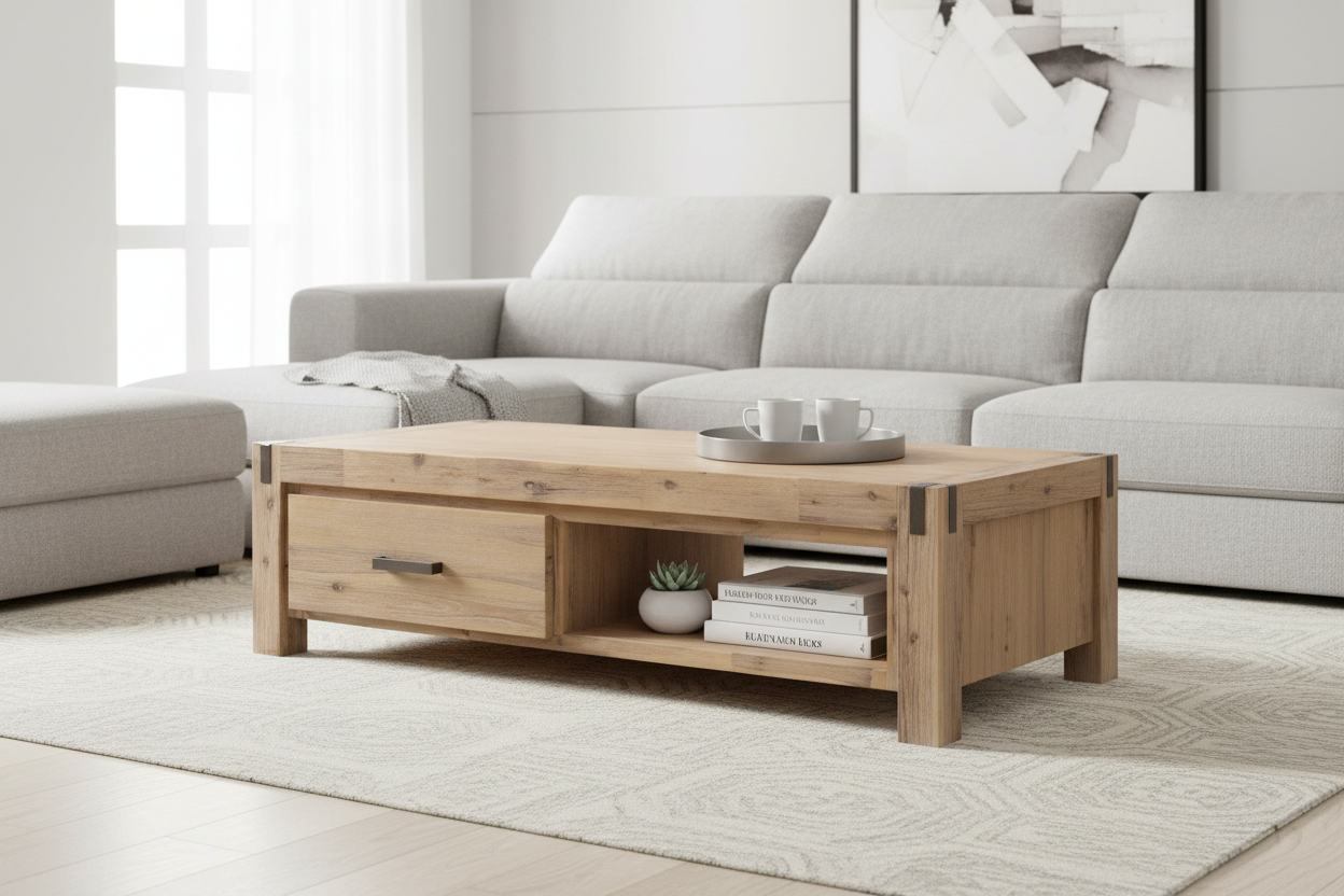 Wooden coffee table in a living room with a gray sofa and decorative items.