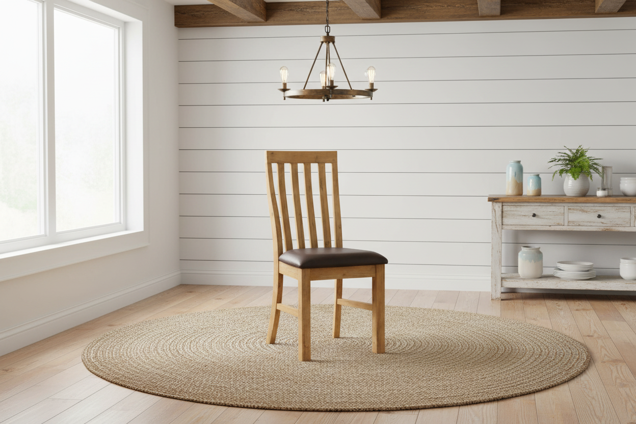Wooden chair on a round jute rug in a room with white walls and wooden beams.