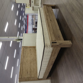 Jayden bed frame side view in natural acacia wood finish at The A2Z Furniture showroom