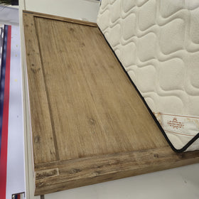 Close-up of Jayden bed frame footboard corner joinery detail, mattress not included