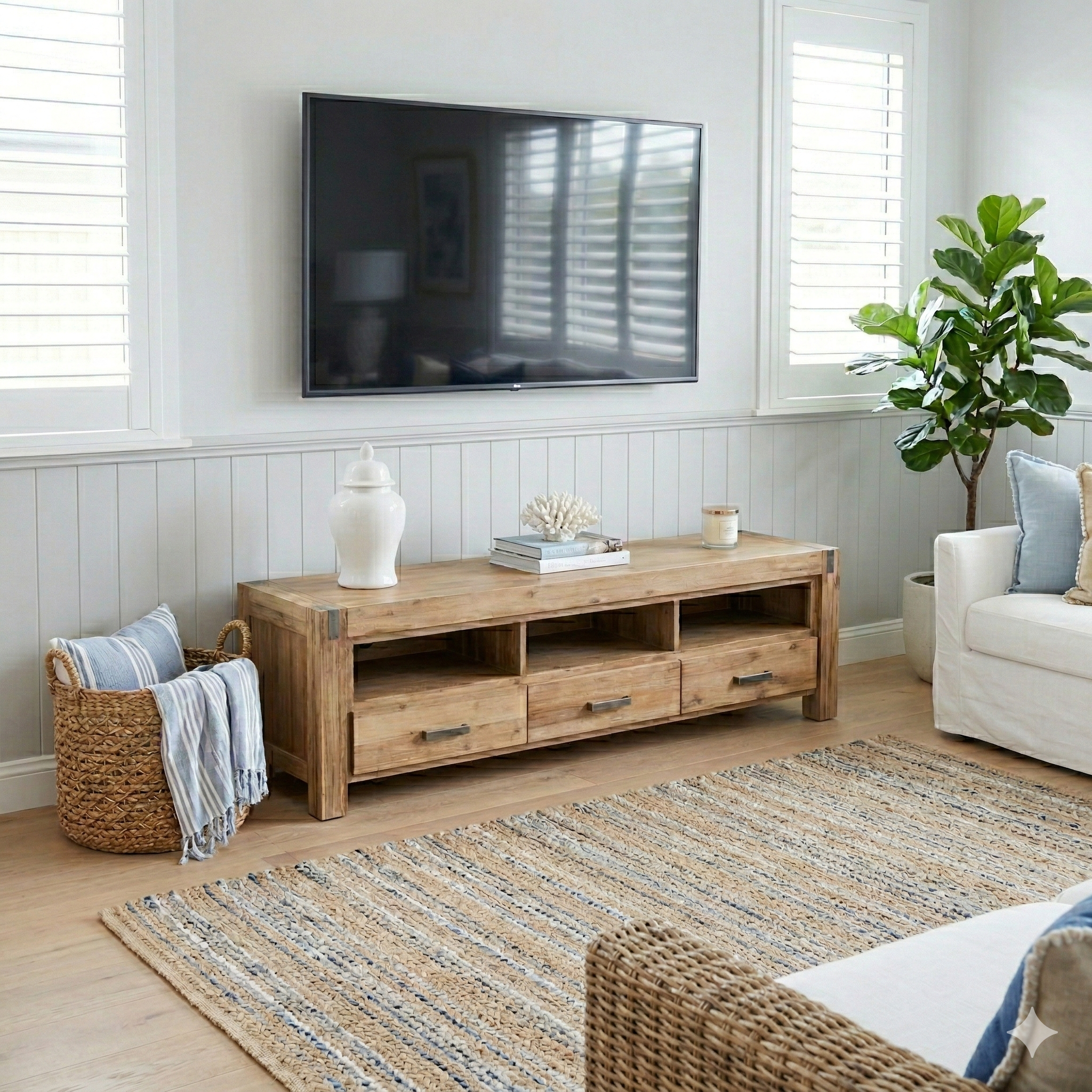 Living room with wooden TV stand, white sofa, and decorative items.