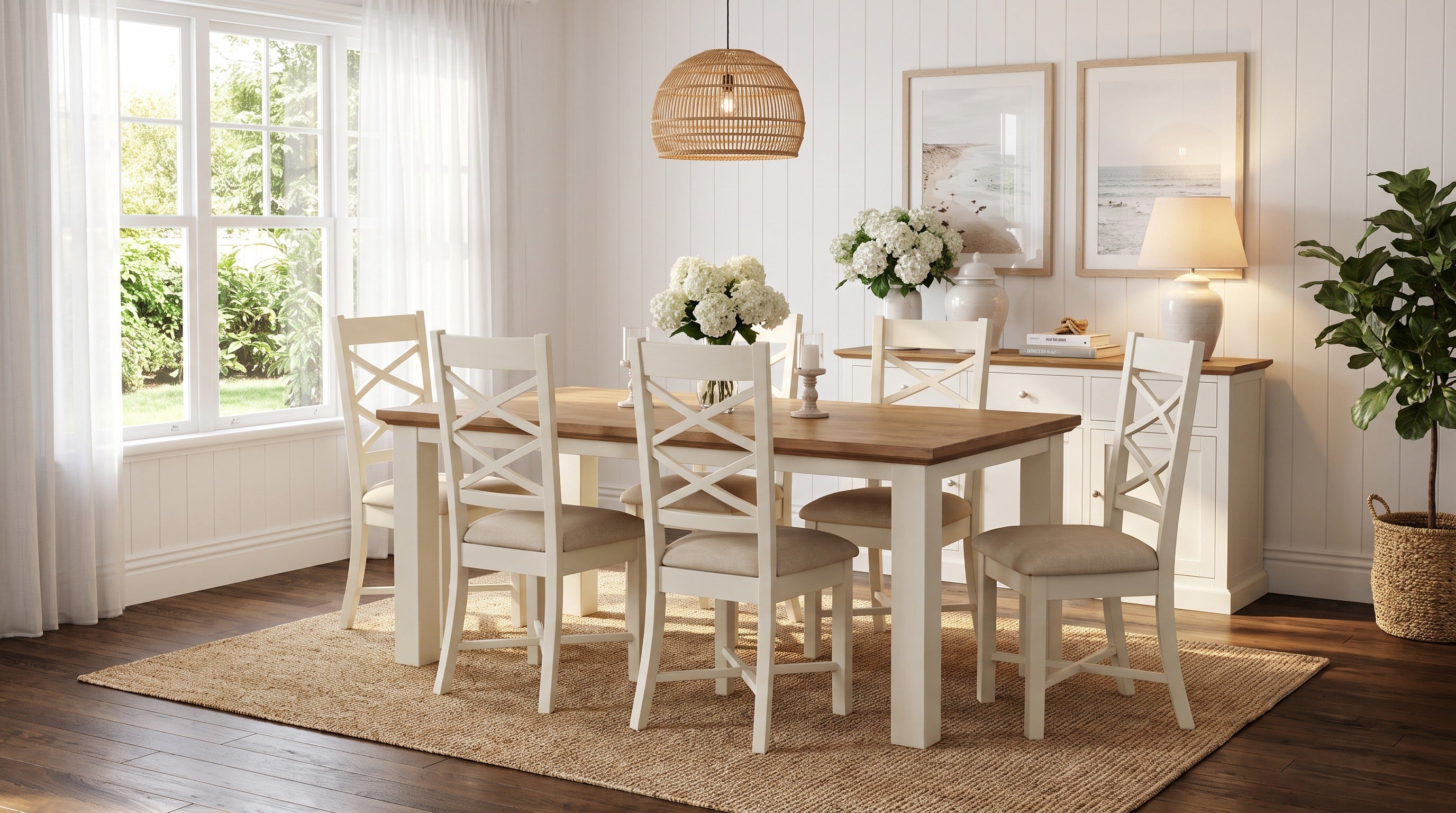 Jericho Hamptons Style 7 Piece Dining Set — 1.9 m solid acacia table with an off-white painted base and six cross-back chairs with beige fabric seats, styled in a Hamptons dining room