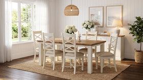 Jericho Hamptons Style 7 Piece Dining Set — 1.9 m solid acacia table with an off-white painted base and six cross-back chairs with beige fabric seats, styled in a Hamptons dining room