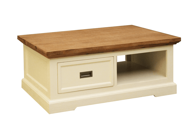Jericho Coffee Table by The A2Z Furniture - Coastal-inspired Hamptons style design with solid acacia wood construction and sliding door shelf for storage.