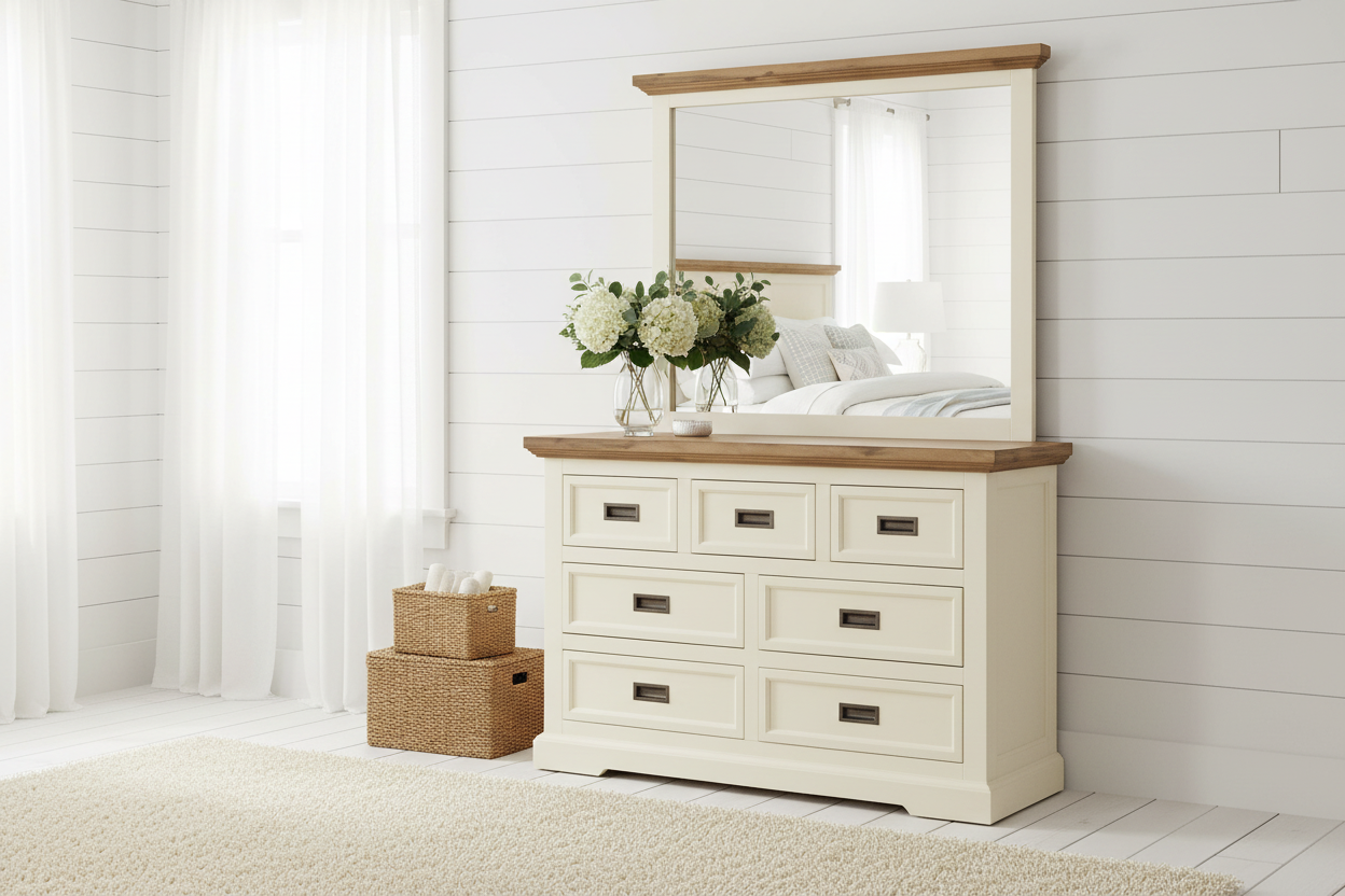 White dresser with wooden top in a bedroom setting