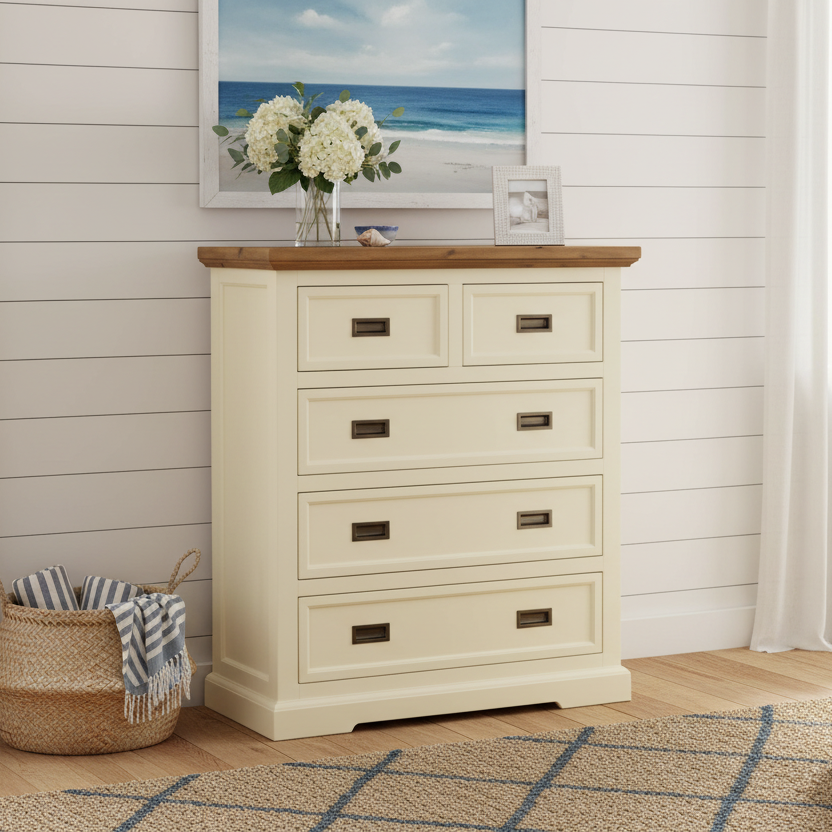 Beige dresser with floral arrangement in a bedroom setting