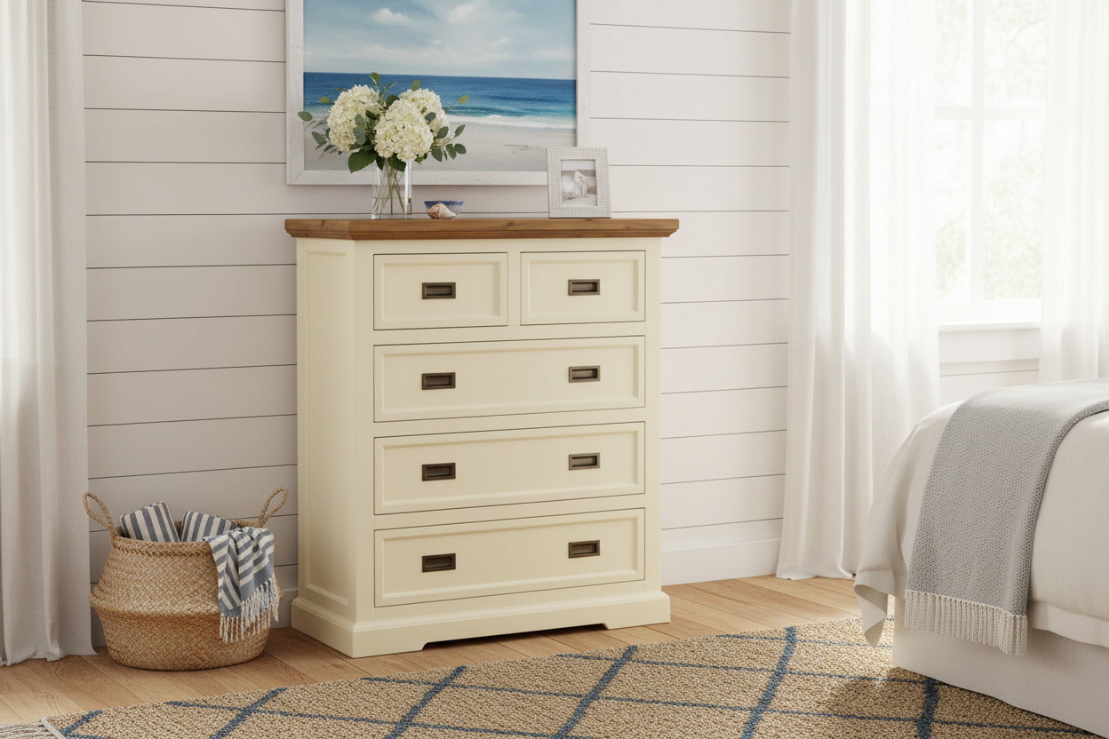 Beige dresser with floral arrangement in a bedroom setting