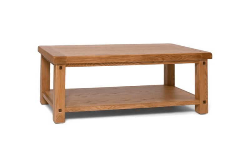 Rustic Jimmy Coffee Table made from solid oak wood with an open bottom shelf - perfect for farmhouse-inspired home decor - from The A2Z Furniture