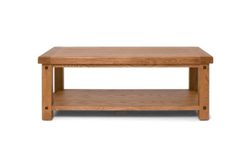 Rustic Jimmy Coffee Table made from solid oak wood with an open bottom shelf - perfect for farmhouse-inspired home decor - from The A2Z Furniture