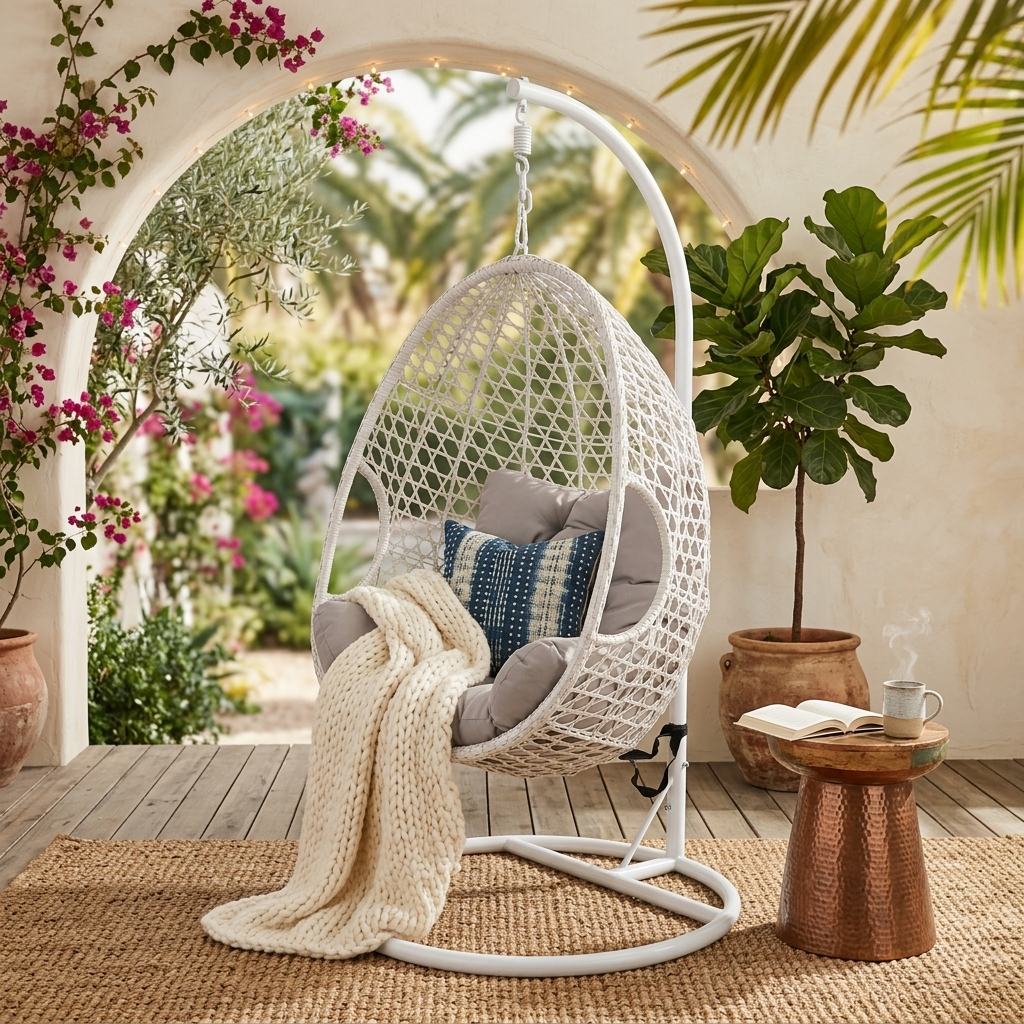 White hanging egg chair with cushions and a blanket on a wooden deck with plants and flowers.