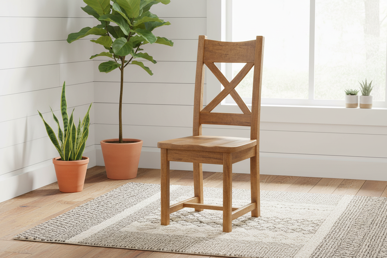 Wooden chair in a room with plants and a window