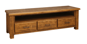 Josh TV Unit by The A2Z Furniture. A solid acacia wood TV unit with a rustic look, featuring 3 drawers and a big open shelf