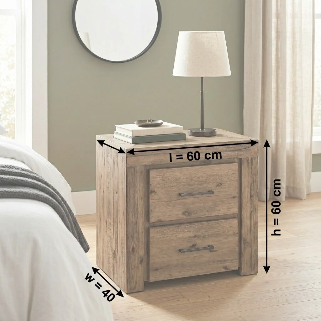 Joyner Bedside Table dimension diagram showing 60cm length, 40cm width and 60cm height