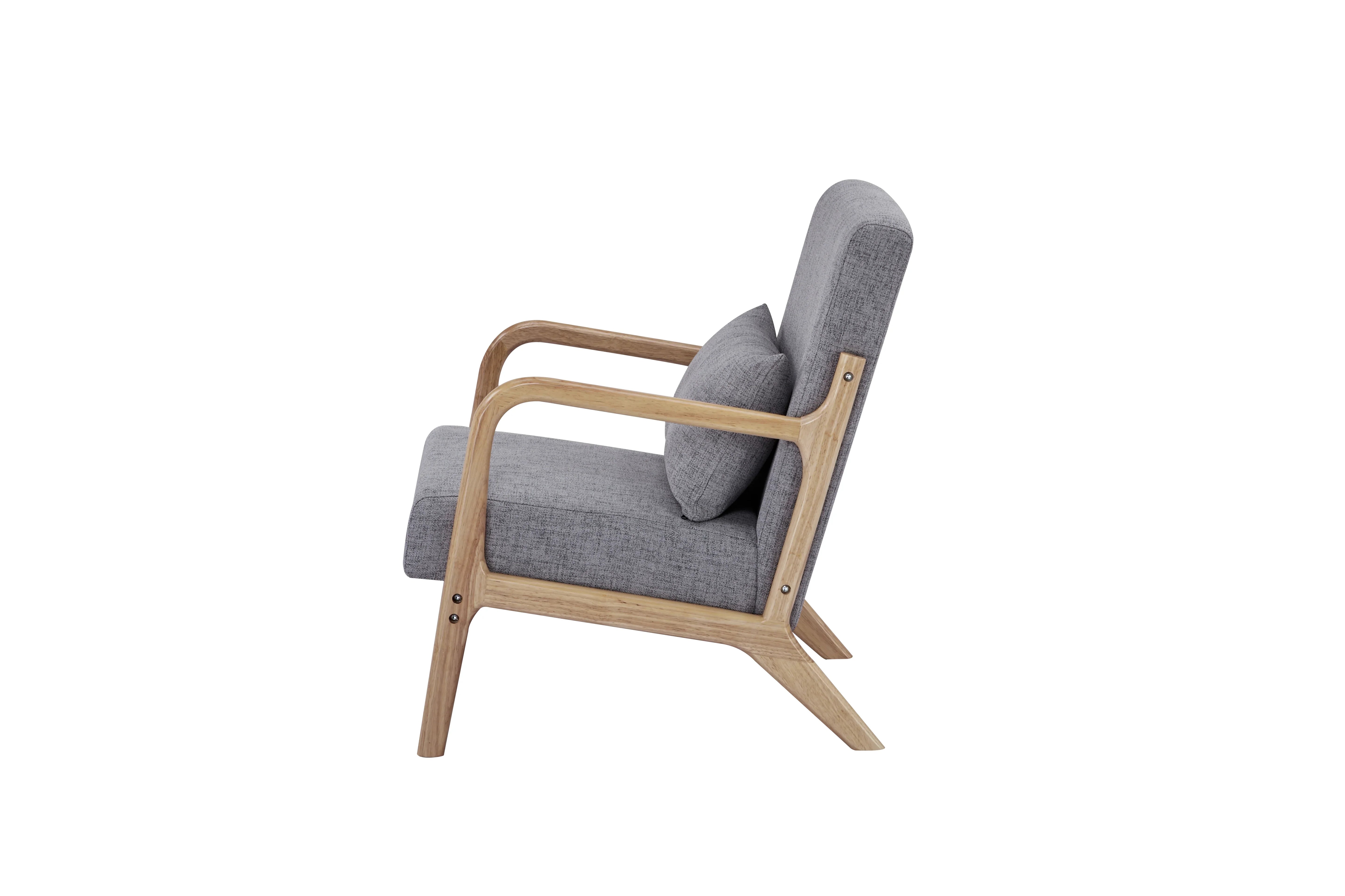 Side view of modern grey fabric armchair with light wood frame and cushion