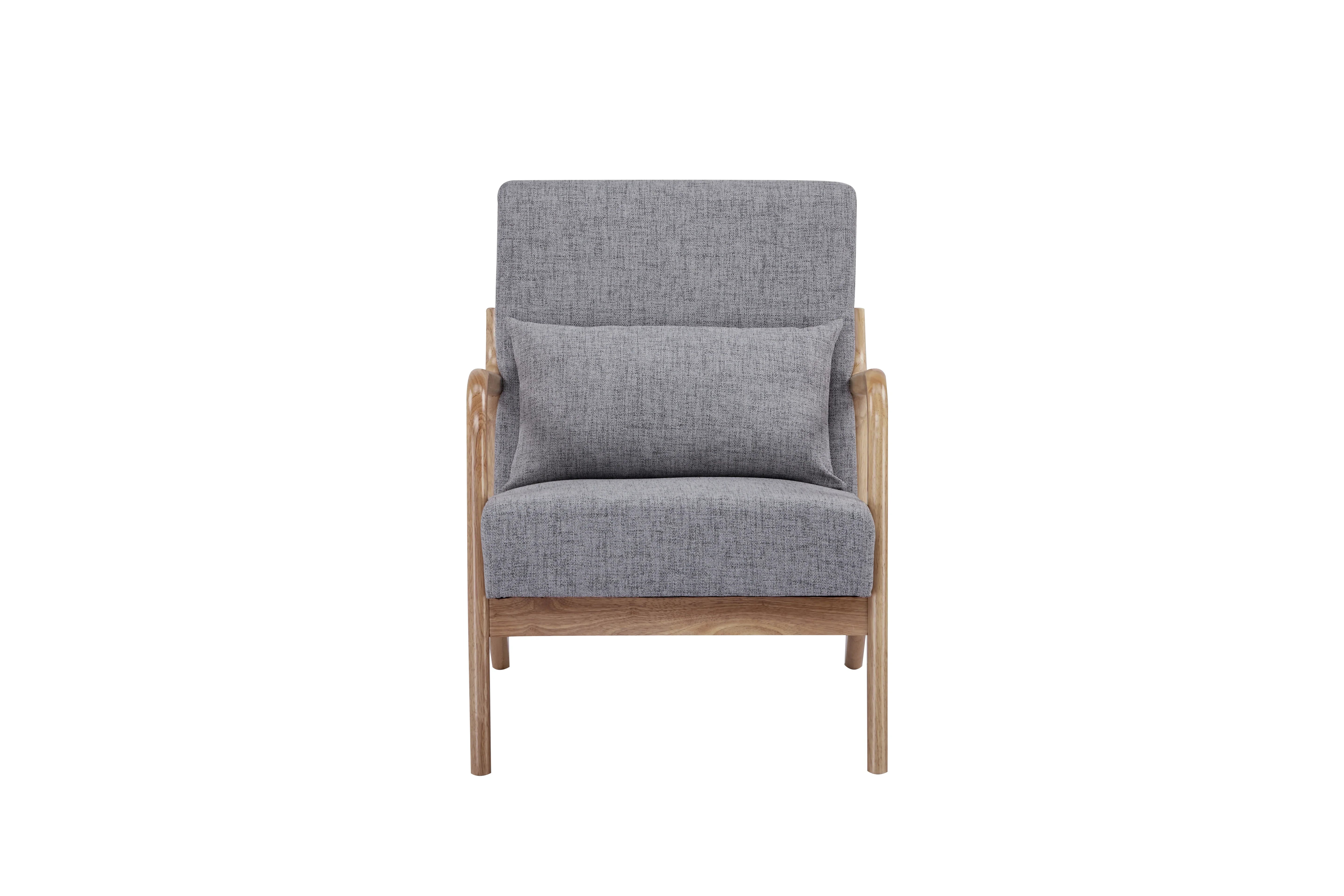 Modern grey fabric armchair with wooden frame, cushion, and minimalist design