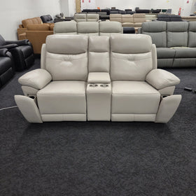 Lalor 2 Seater electric leather recliner lounge in silver grey leather with both footrests fully extended, in The A2Z Furniture showroom