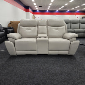 Lalor 2 Seater electric leather recliner lounge in silver grey leather with both footrests partially extended, in The A2Z Furniture showroom