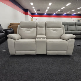 Lalor 2 Seater electric leather recliner lounge in silver grey leather, front view upright with centre console, in The A2Z Furniture showroom