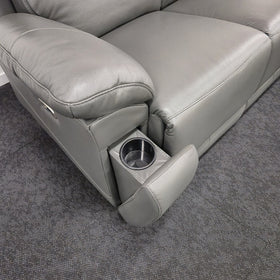 Lalor 3 Seater electric leather recliner lounge in dark grey - armrest console open showing the built-in stainless cupholder