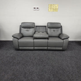 Lalor 3 Seater electric leather recliner lounge in dark grey with the middle backrest folded down to reveal the centre console and two cupholders