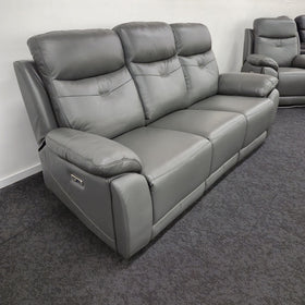 Lalor 3 Seater electric leather recliner lounge in dark grey, angled view showing the pillow-top armrest and recline control button at The A2Z Furniture showroom