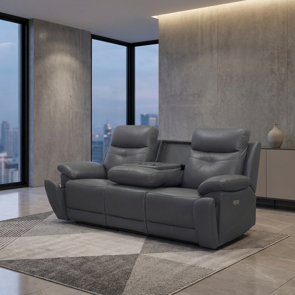 Lalor 3 seater electric leather recliner lounge in dark grey with the fold-down middle console and twin cupholders