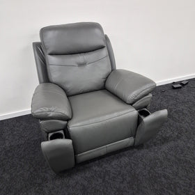 Lalor Electric Leather Recliner Chair in dark grey with the footrest extended and both arm sections folded out to reveal the built-in cup holders, at The A2Z Furniture showroom.