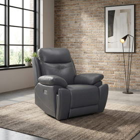 Lalor electric leather recliner chair in dark grey with deep pillow-top armrests